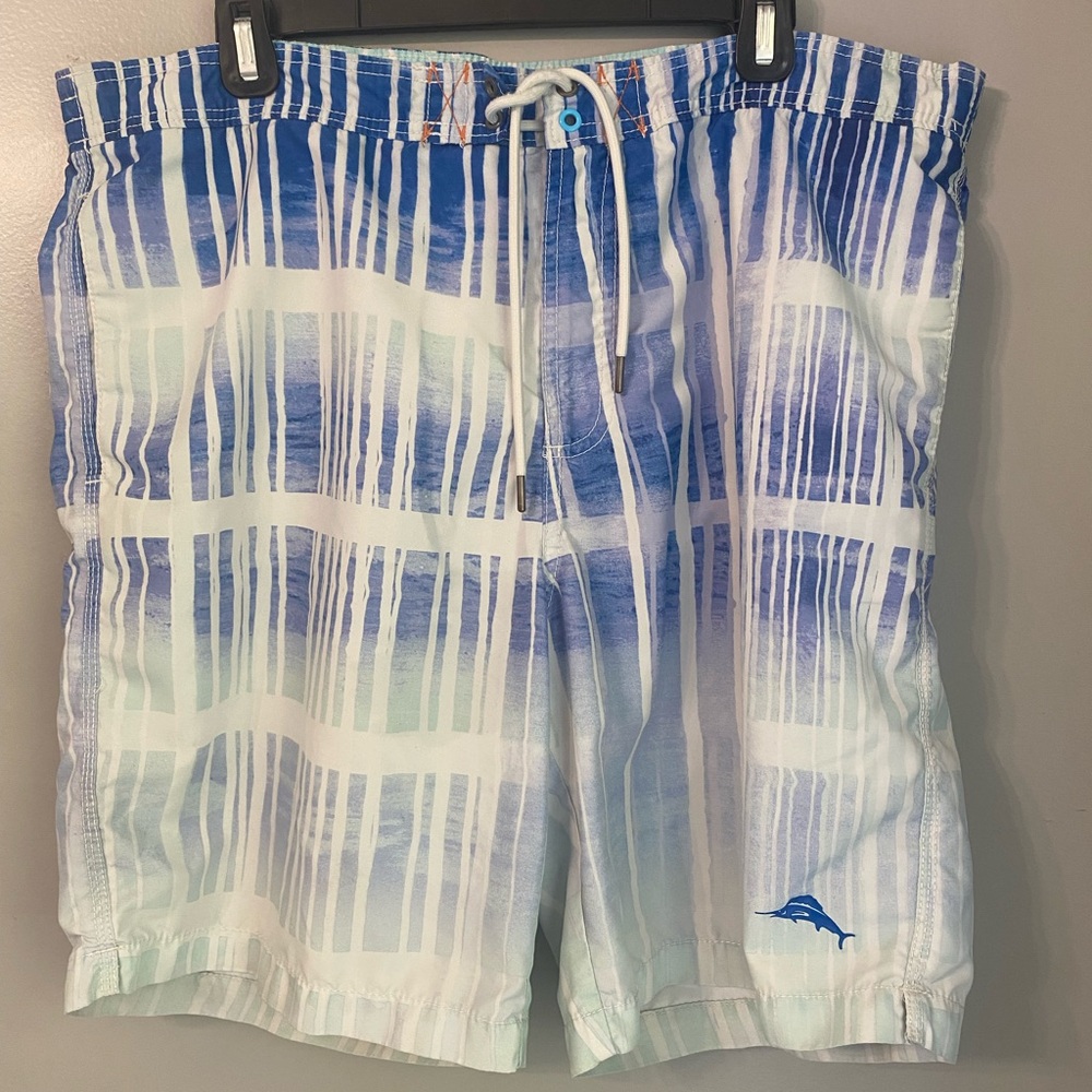 Mens Tommy Bahama, Blue and White Striped Swim Shorts. Size Large.